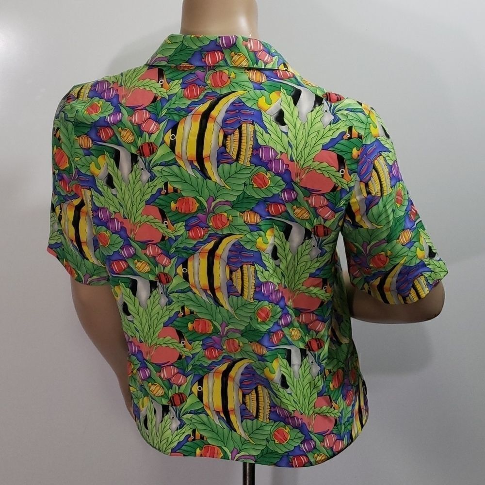 Vintage 90s Ann May 100% Silk Blouse Bright Vibrant Colors Tropical Fish Women L - Picture 3 of 10